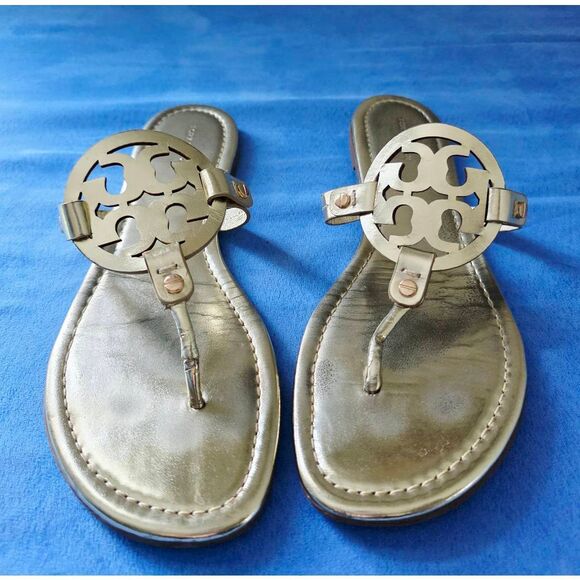 Tory Burch Sandals Miller Metallic Gold Leather Size 10 - Picture 2 of 7